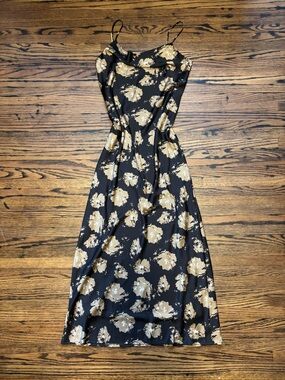 Black Midi Slip Dress with Gold Floral Print